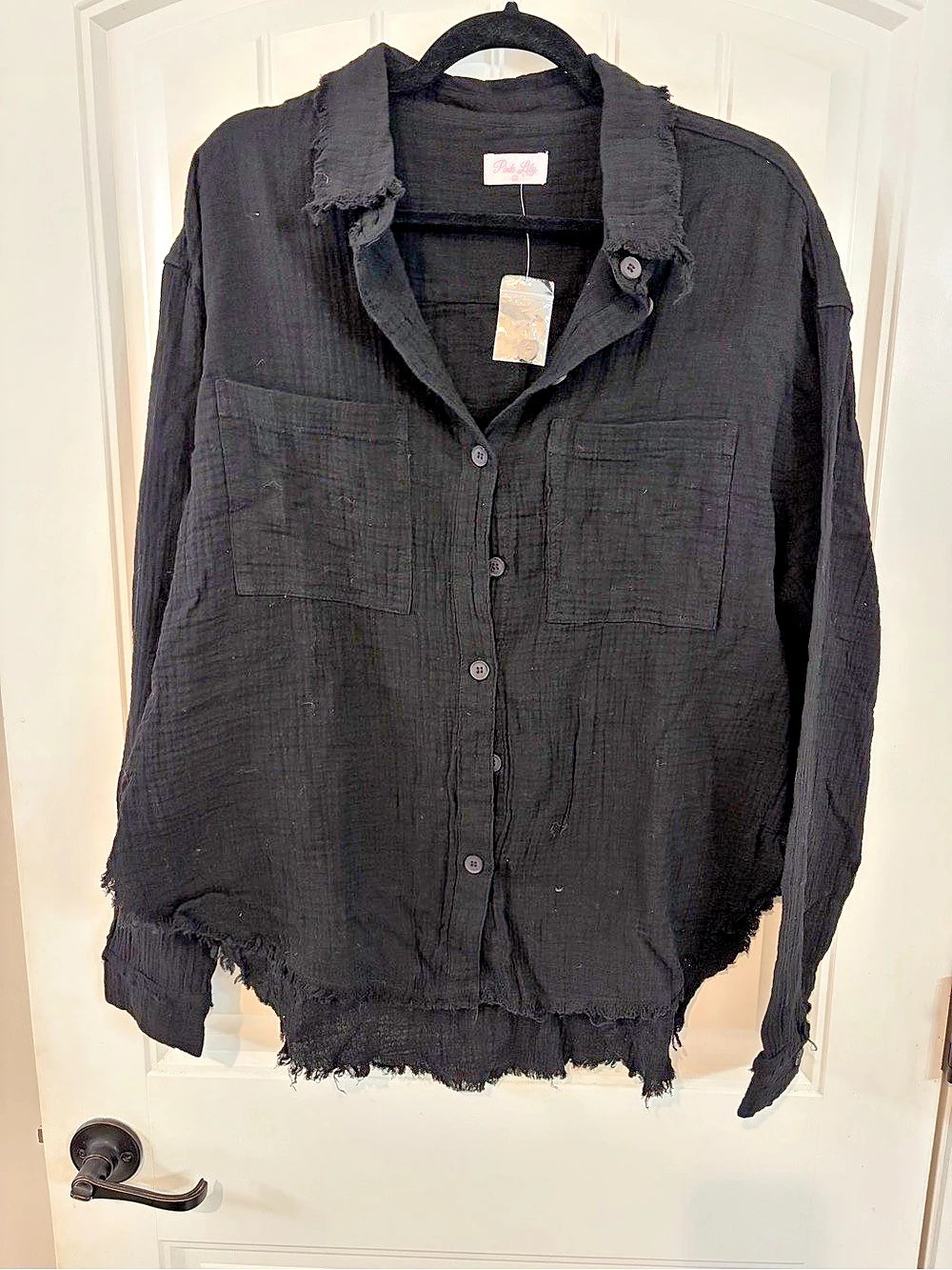 Pink Lily Black Gauze Long Sleeve Button Down Shirt